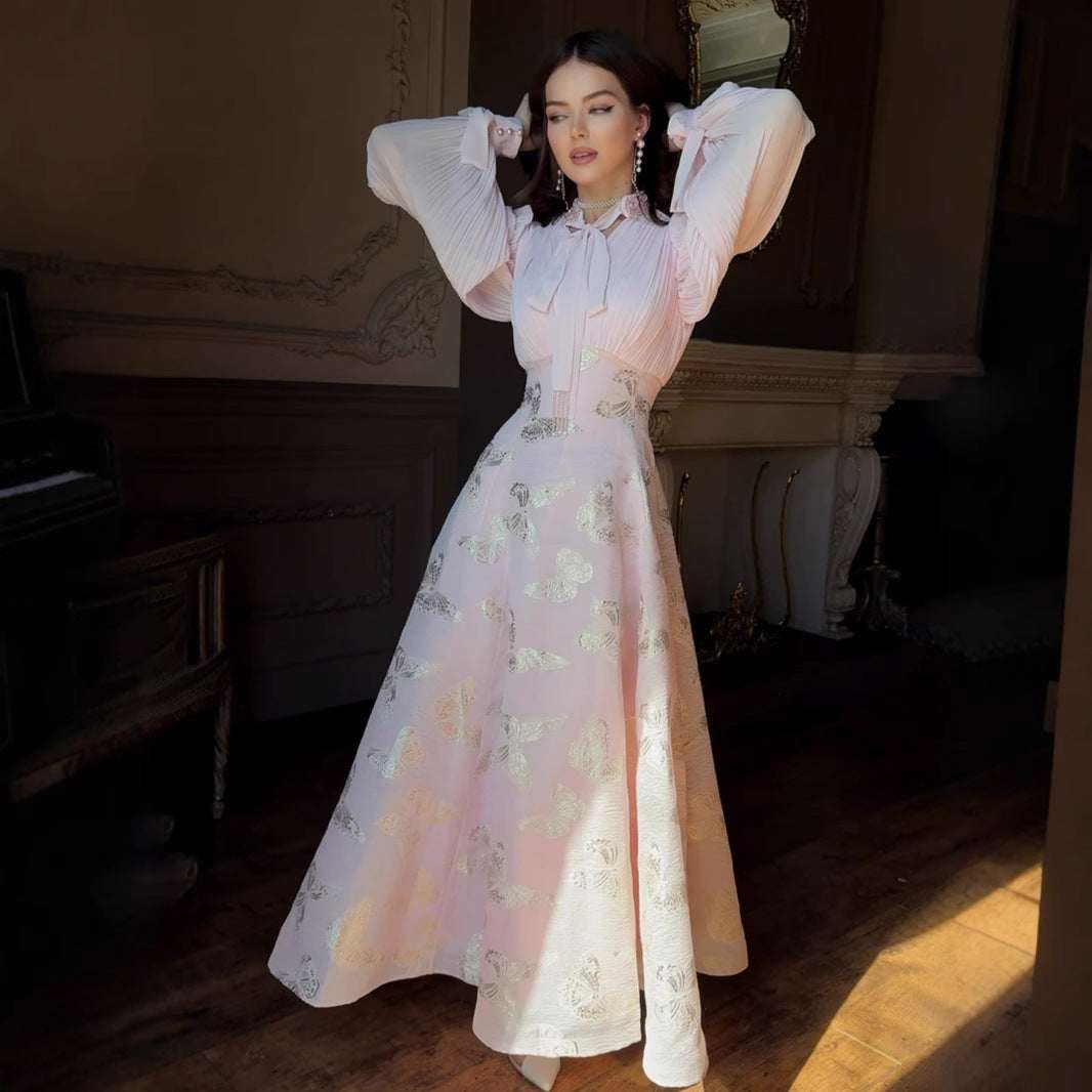 Elegant Long Sleeve Butterfly Bronzing Dress - Elevra