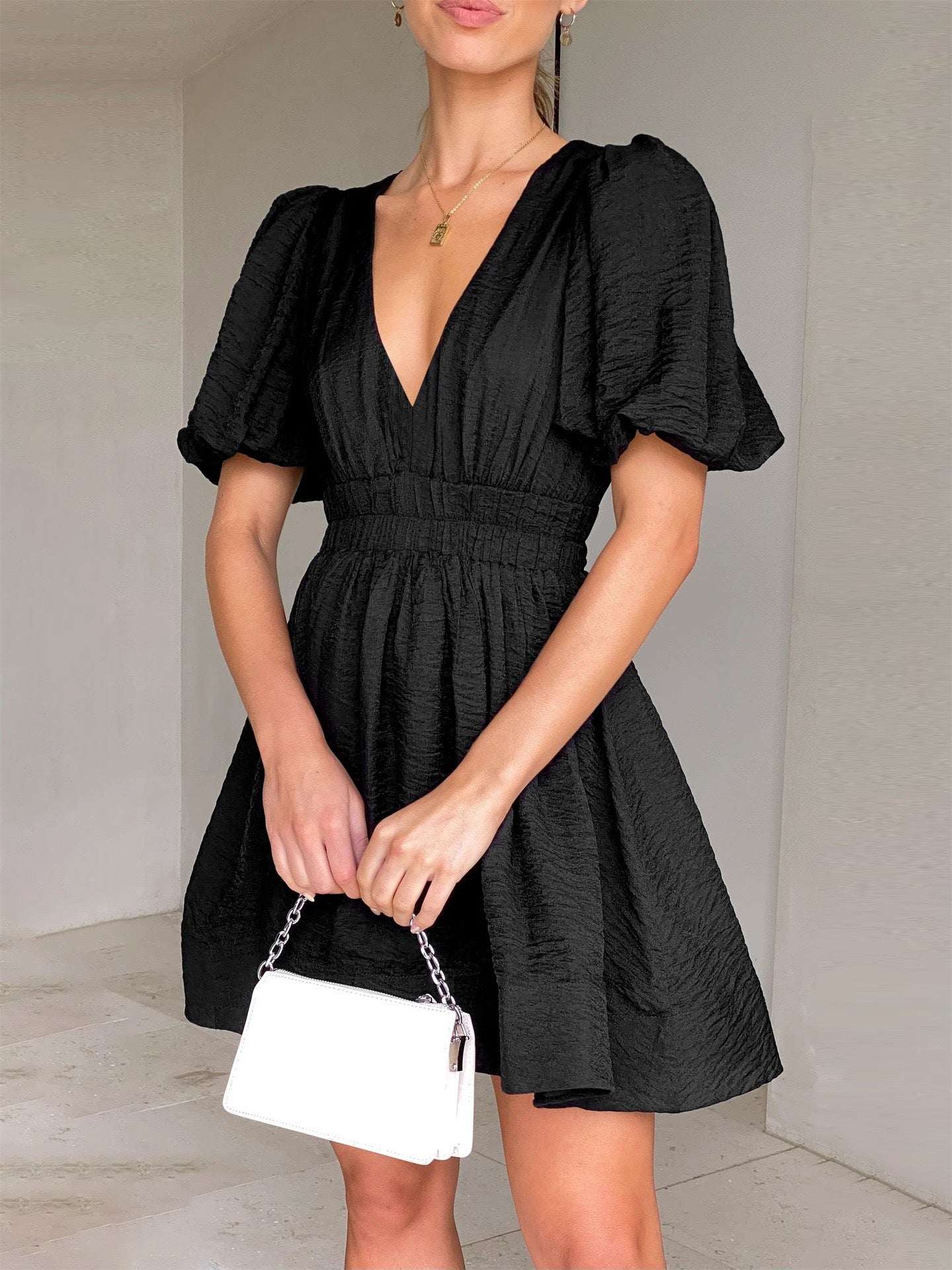 European And American Elegant Dress Sweet Waist Trimming Dress V - Neck Lantern Sleeve Dress Women's Summer Sun Dresses Evening Dress - Elevra