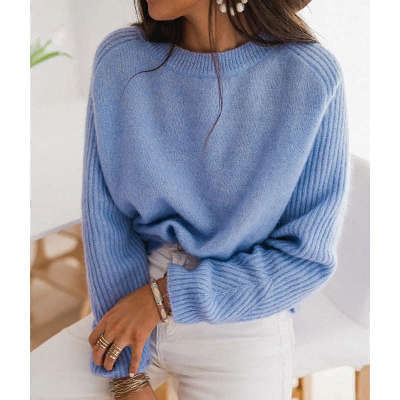 European Milk Blue Bedford Cord Sweater Women's Round - collar Long - sleeve Knitwear Casual Women's Clothing Fashion Knit Top Outerwear - Elevra