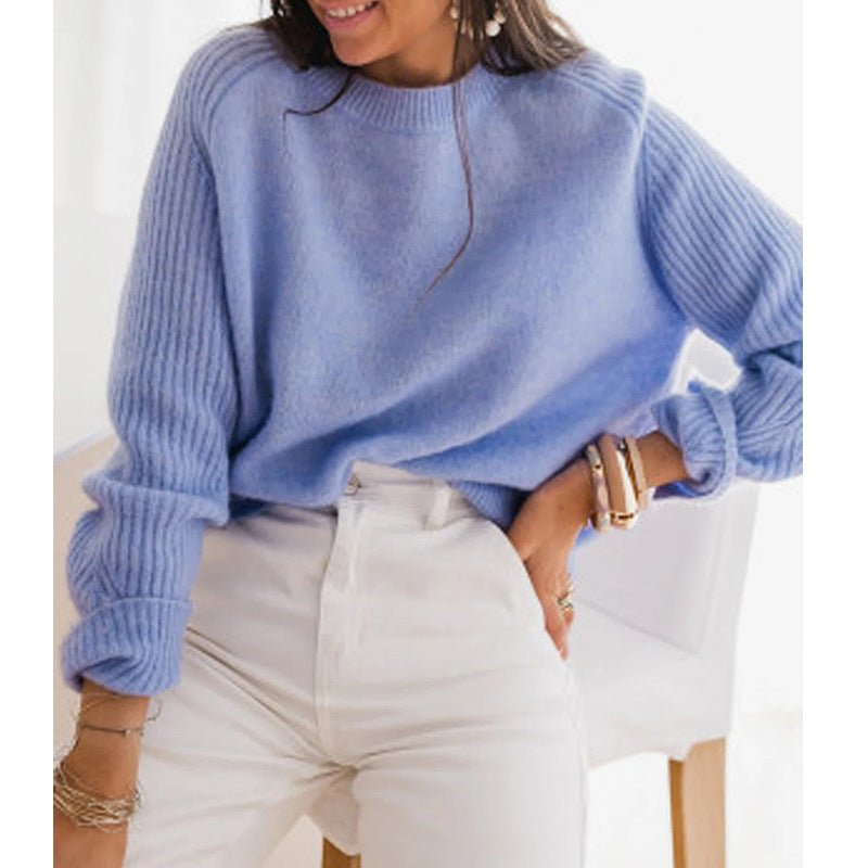 European Milk Blue Bedford Cord Sweater Women's Round - collar Long - sleeve Knitwear Casual Women's Clothing Fashion Knit Top Outerwear - Elevra