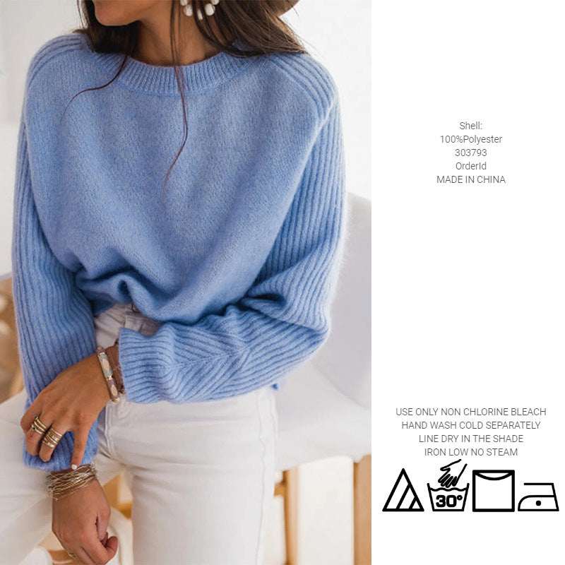 European Milk Blue Bedford Cord Sweater Women's Round - collar Long - sleeve Knitwear Casual Women's Clothing Fashion Knit Top Outerwear - Elevra