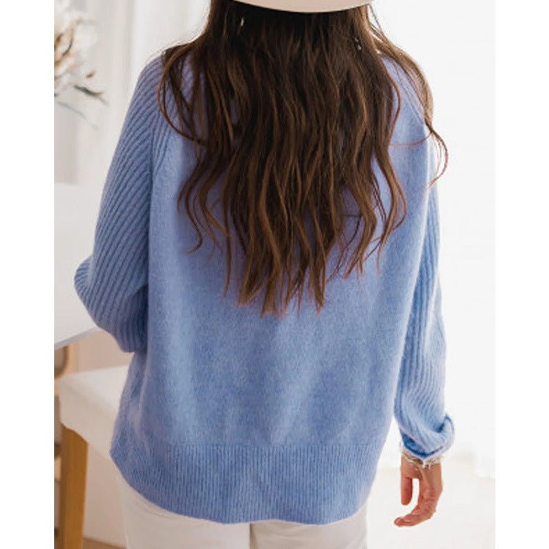 European Milk Blue Bedford Cord Sweater Women's Round - collar Long - sleeve Knitwear Casual Women's Clothing Fashion Knit Top Outerwear - Elevra