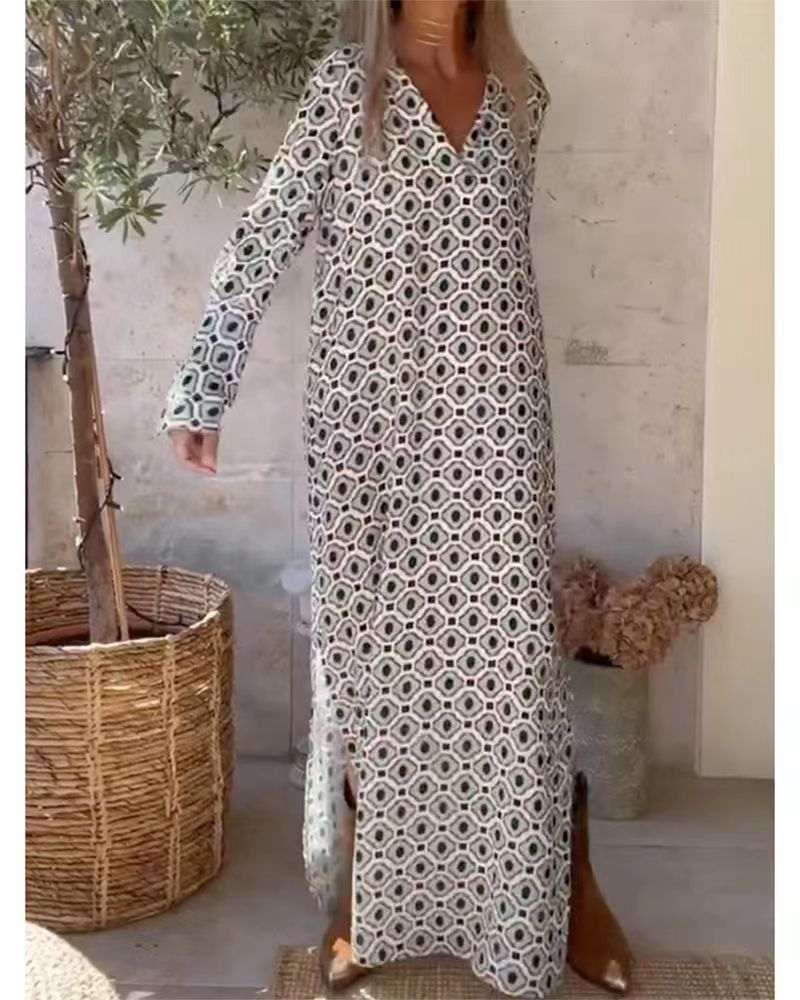 Female Bohemian Female V - neck Long - sleeve Dress - Elevra