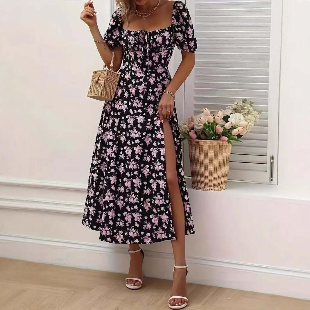 Floral Print Short Sleeve Split Dress Summer Fashion Lace - up Beach Long Dresses Women's Clothing - Elevra