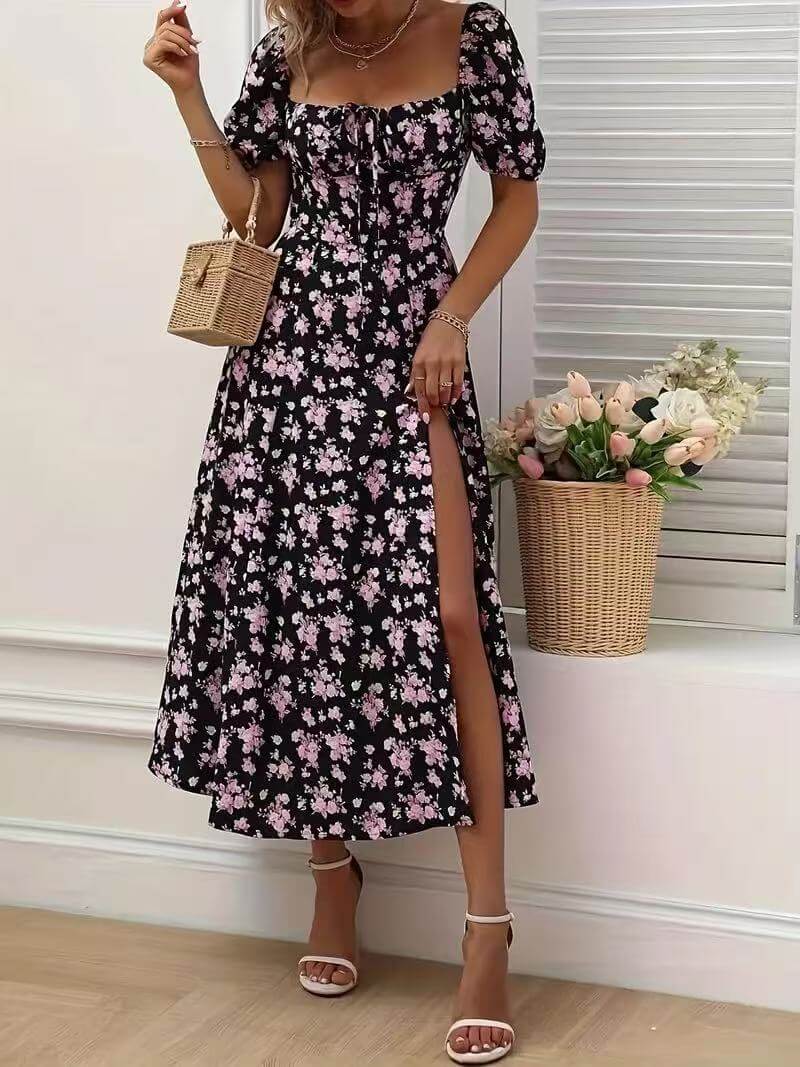 Floral Print Short Sleeve Split Dress Summer Fashion Lace - up Beach Long Dresses Women's Clothing - Elevra