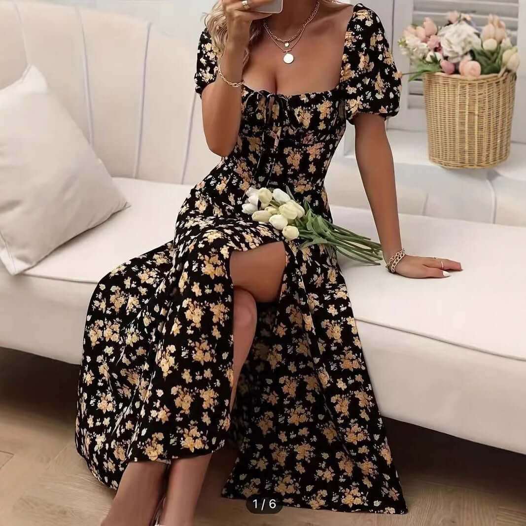 Floral Print Short Sleeve Split Dress Summer Fashion Lace - up Beach Long Dresses Women's Clothing - Elevra