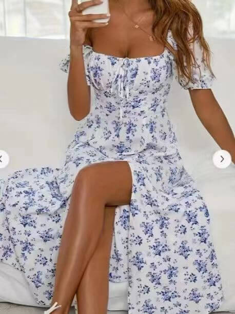 Floral Print Short Sleeve Split Dress Summer Fashion Lace - up Beach Long Dresses Women's Clothing - Elevra