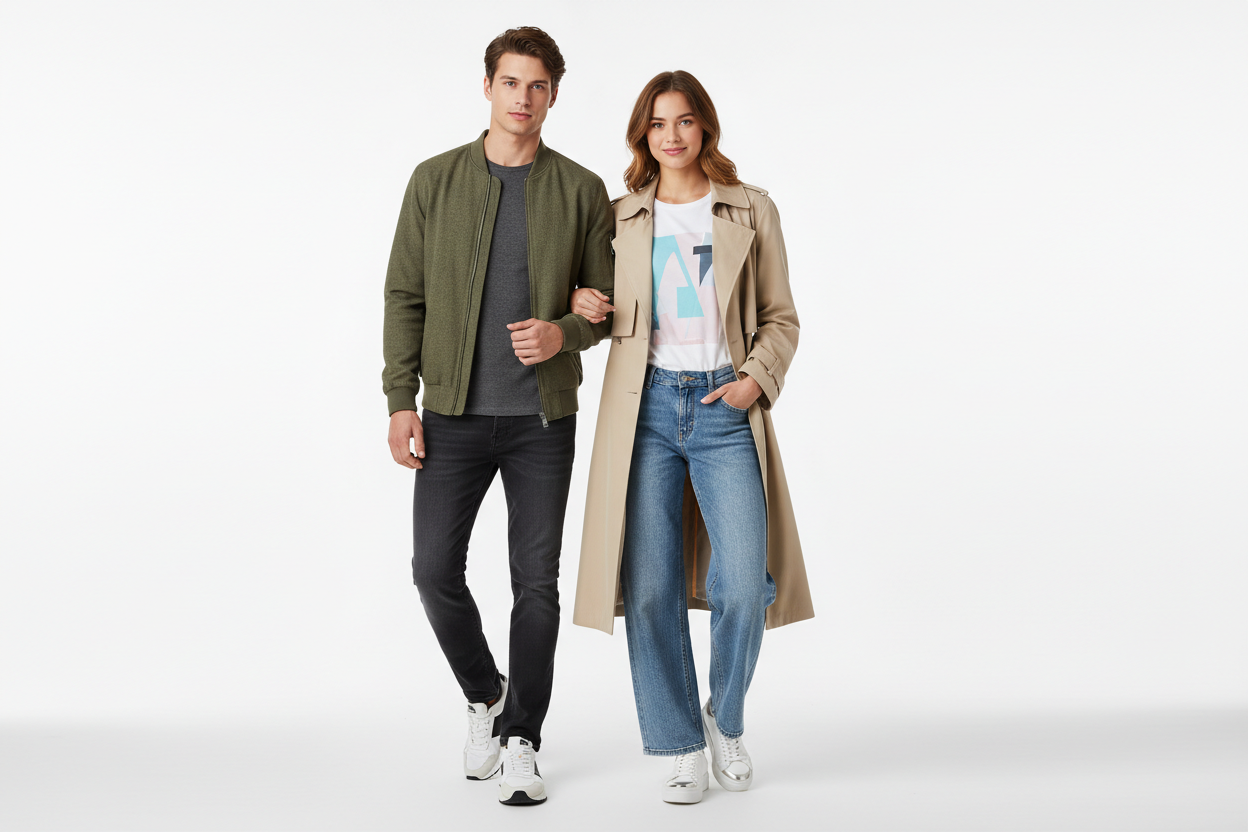 Man in olive bomber jacket and woman in beige trench coat, both wearing jeans and white sneakers, stylish casual couple outfit