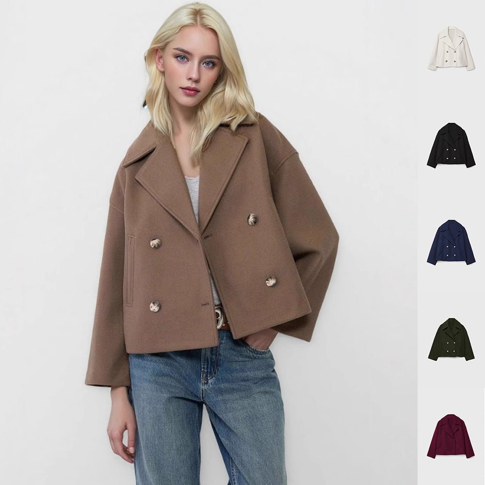 Ins Double - breasted Lapel Blazer Jacket Fashion Loose Woolen Short Coat Elegant Commuting Women's Clothing - Elevra
