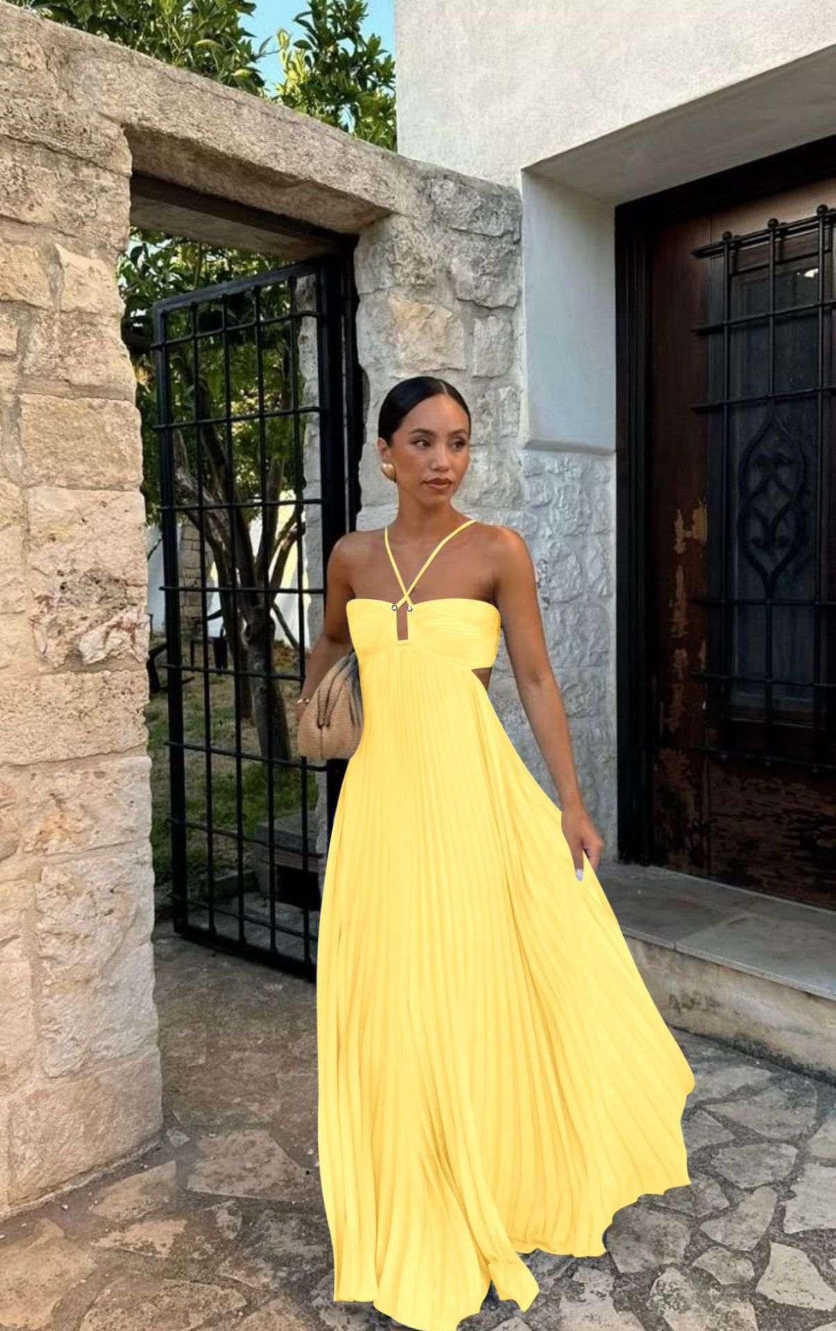 Ins Pleated Sleeveless Sling Dress Hollow High Waist Halter Robe Dresses For Evening Party Club Clothing Women - Elevra