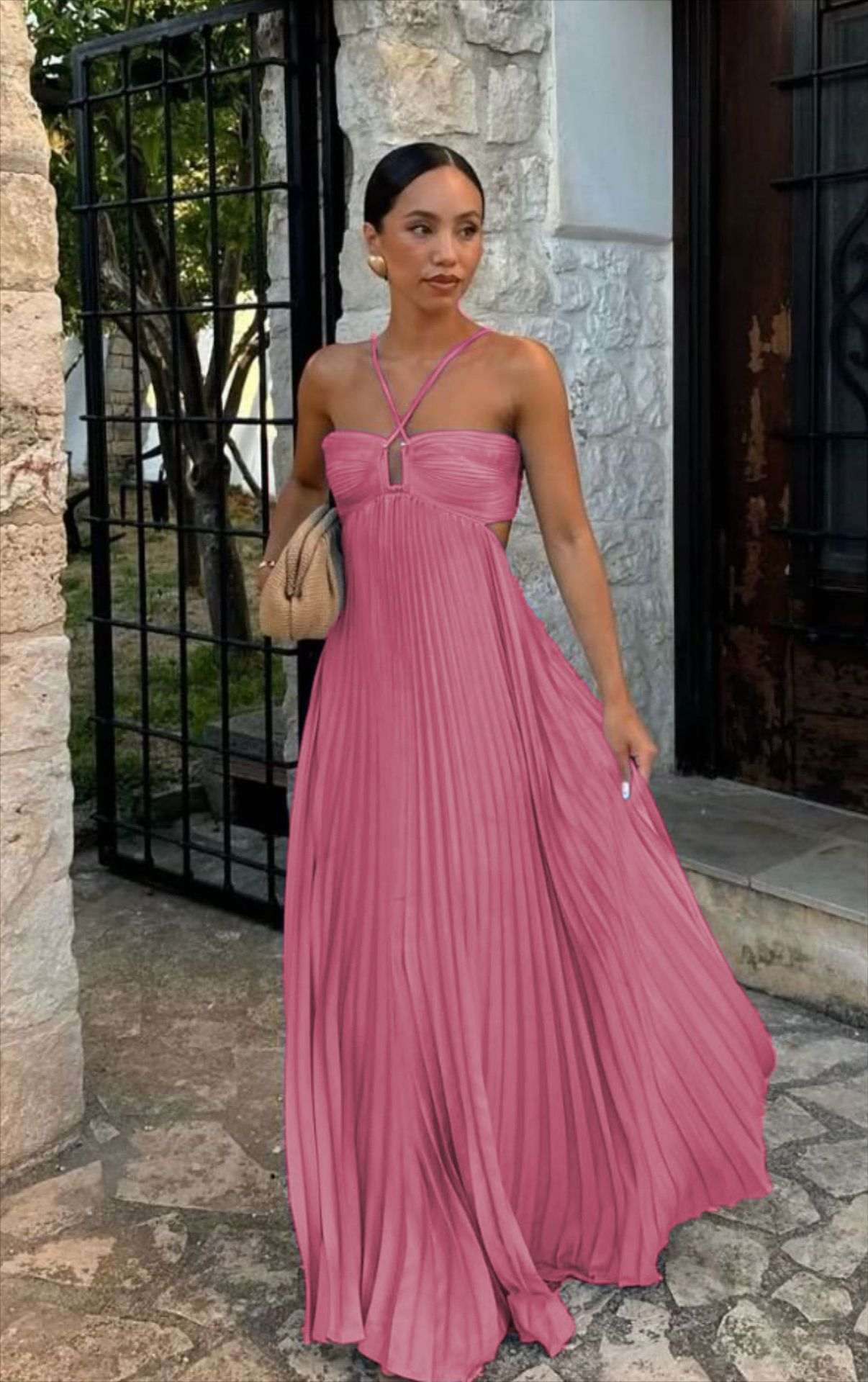 Ins Pleated Sleeveless Sling Dress Hollow High Waist Halter Robe Dresses For Evening Party Club Clothing Women - Elevra