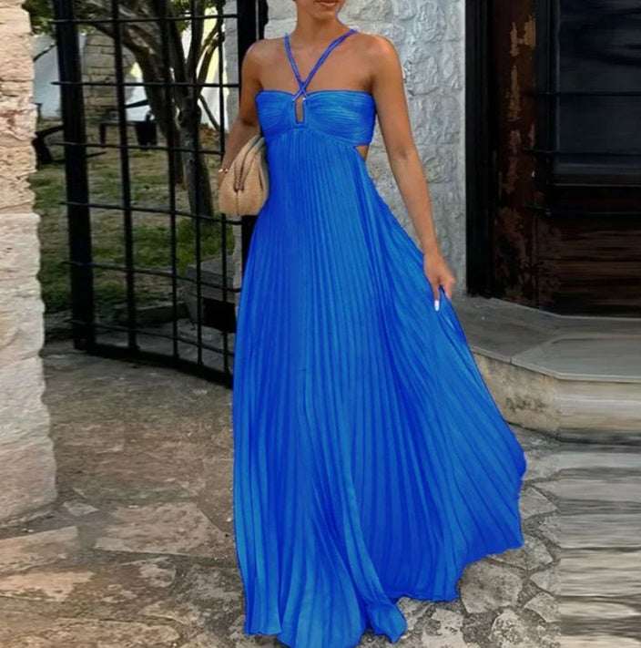 Ins Pleated Sleeveless Sling Dress Hollow High Waist Halter Robe Dresses For Evening Party Club Clothing Women - Elevra