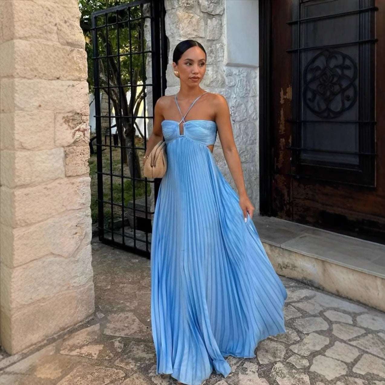 Ins Pleated Sleeveless Sling Dress Hollow High Waist Halter Robe Dresses For Evening Party Club Clothing Women - Elevra