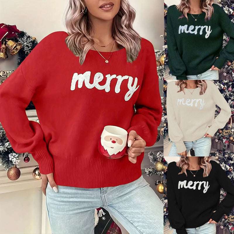 Knitted Women Crew Neck Sweater – Loose Pullover Trendy Knit - Elevra
