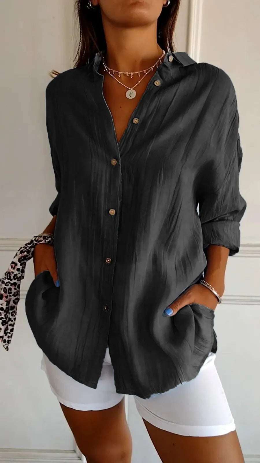 Lapel Long Sleeve Shirt Women's Single - breasted Pleated Shirt Tops Clothing - Elevra