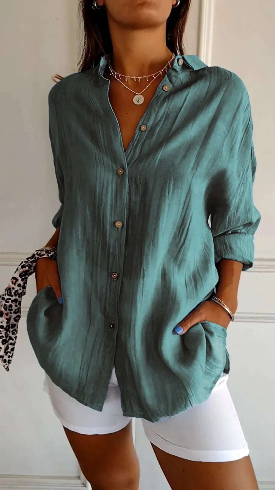 Lapel Long Sleeve Shirt Women's Single - breasted Pleated Shirt Tops Clothing - Elevra