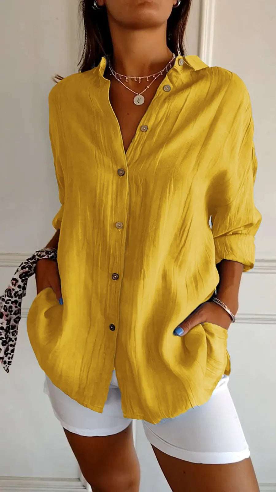 Lapel Long Sleeve Shirt Women's Single - breasted Pleated Shirt Tops Clothing - Elevra