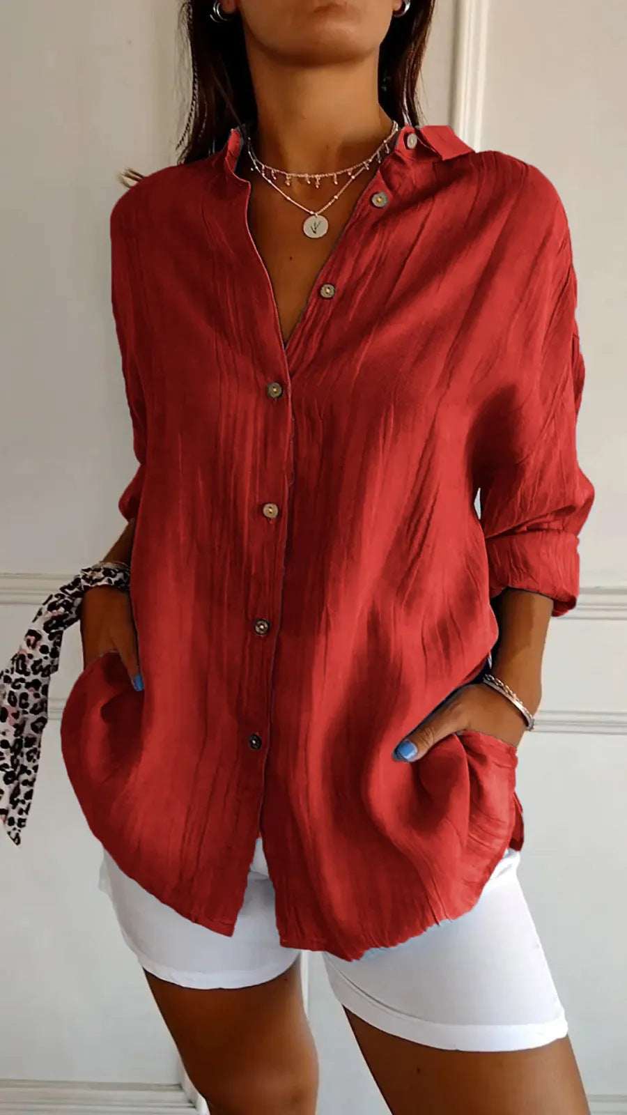 Lapel Long Sleeve Shirt Women's Single - breasted Pleated Shirt Tops Clothing - Elevra