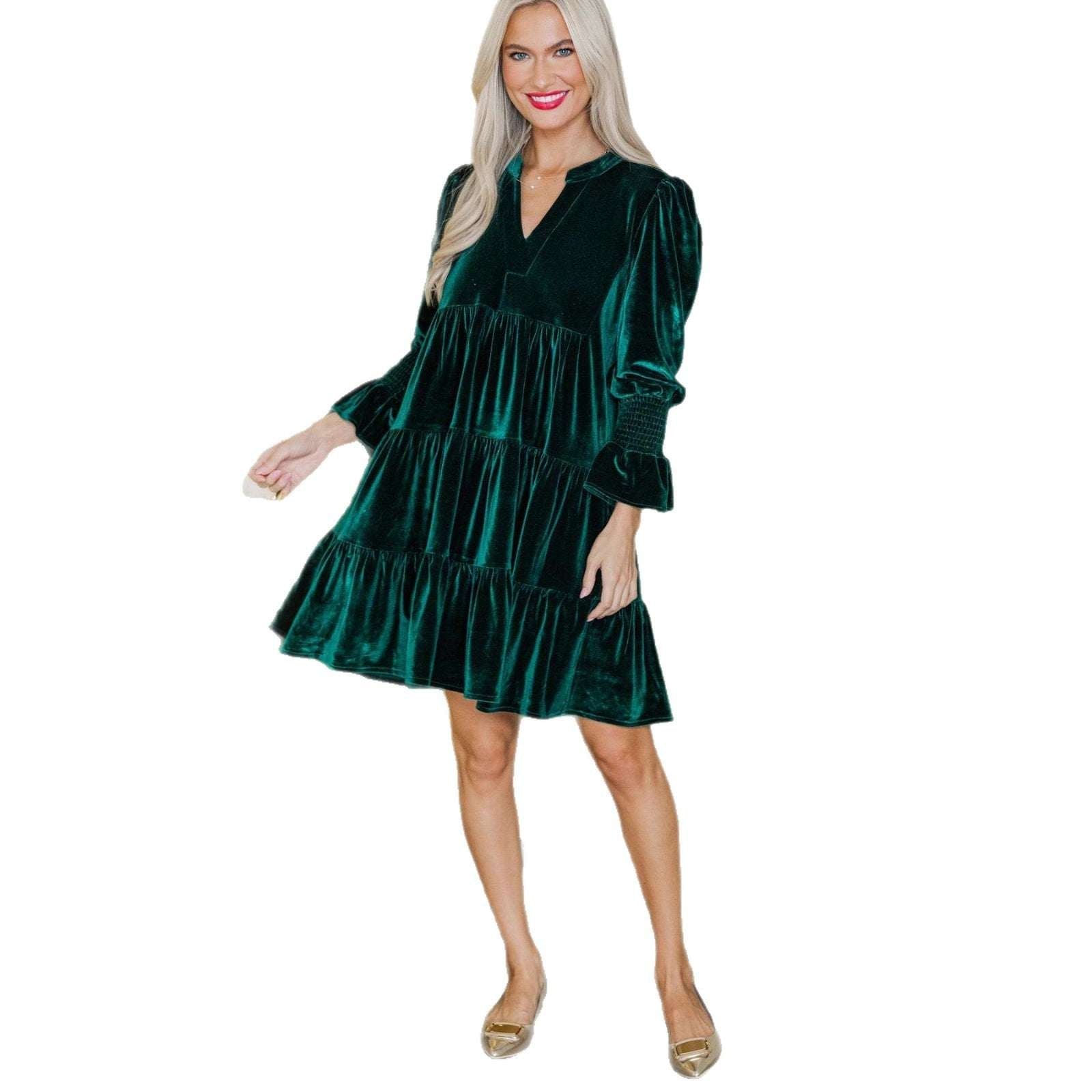 Long Sleeve Christmas Skirt Velvet Cake Dresses With Puffy Sleeves And V - Neck Mini Skirt Elegant Short Dress For Women New Year Party Clothing - Elevra