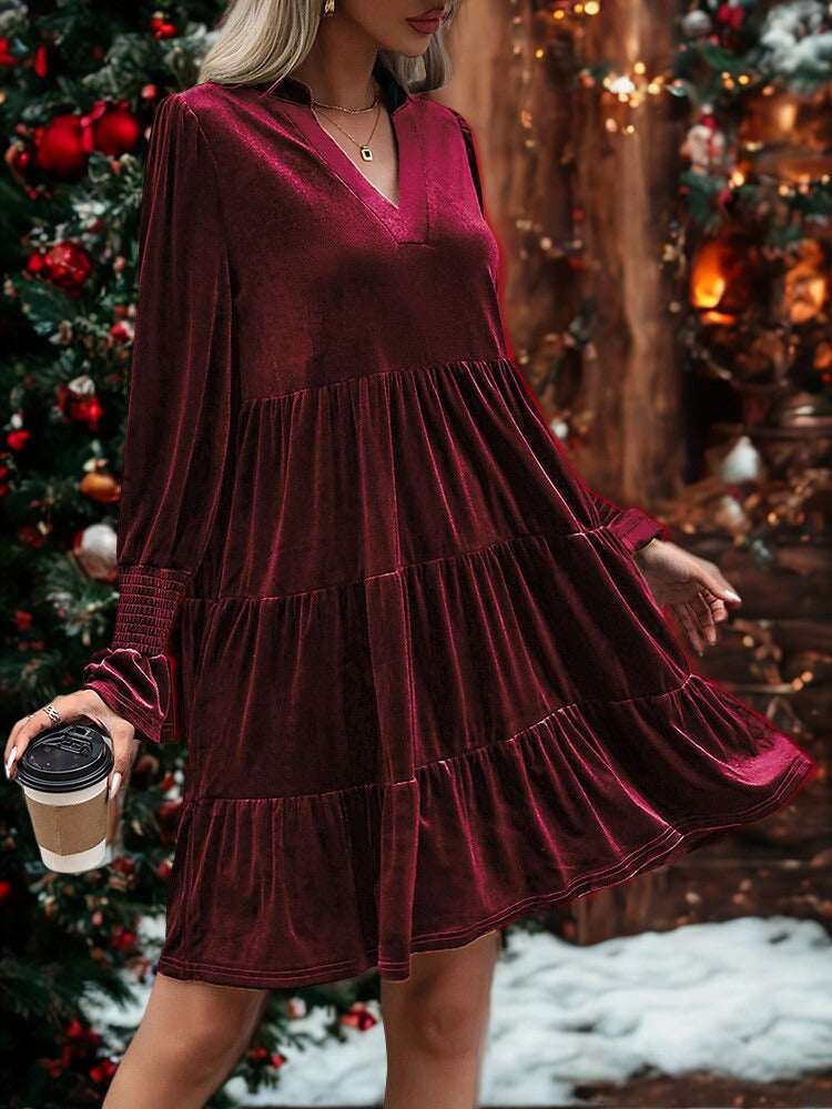 Long Sleeve Christmas Skirt Velvet Cake Dresses With Puffy Sleeves And V - Neck Mini Skirt Elegant Short Dress For Women New Year Party Clothing - Elevra