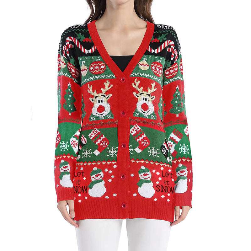 Loose Knitted Cardigan Sweater Coat Women's Casual Long - sleeved Christmas Sweater - Elevra