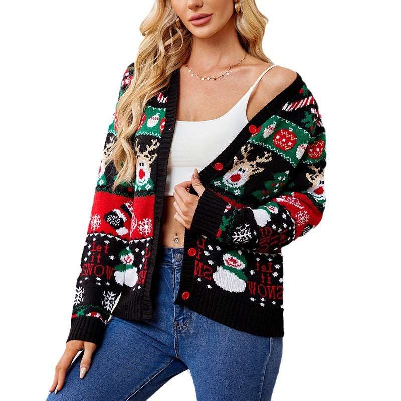 Loose Knitted Cardigan Sweater Coat Women's Casual Long - sleeved Christmas Sweater - Elevra