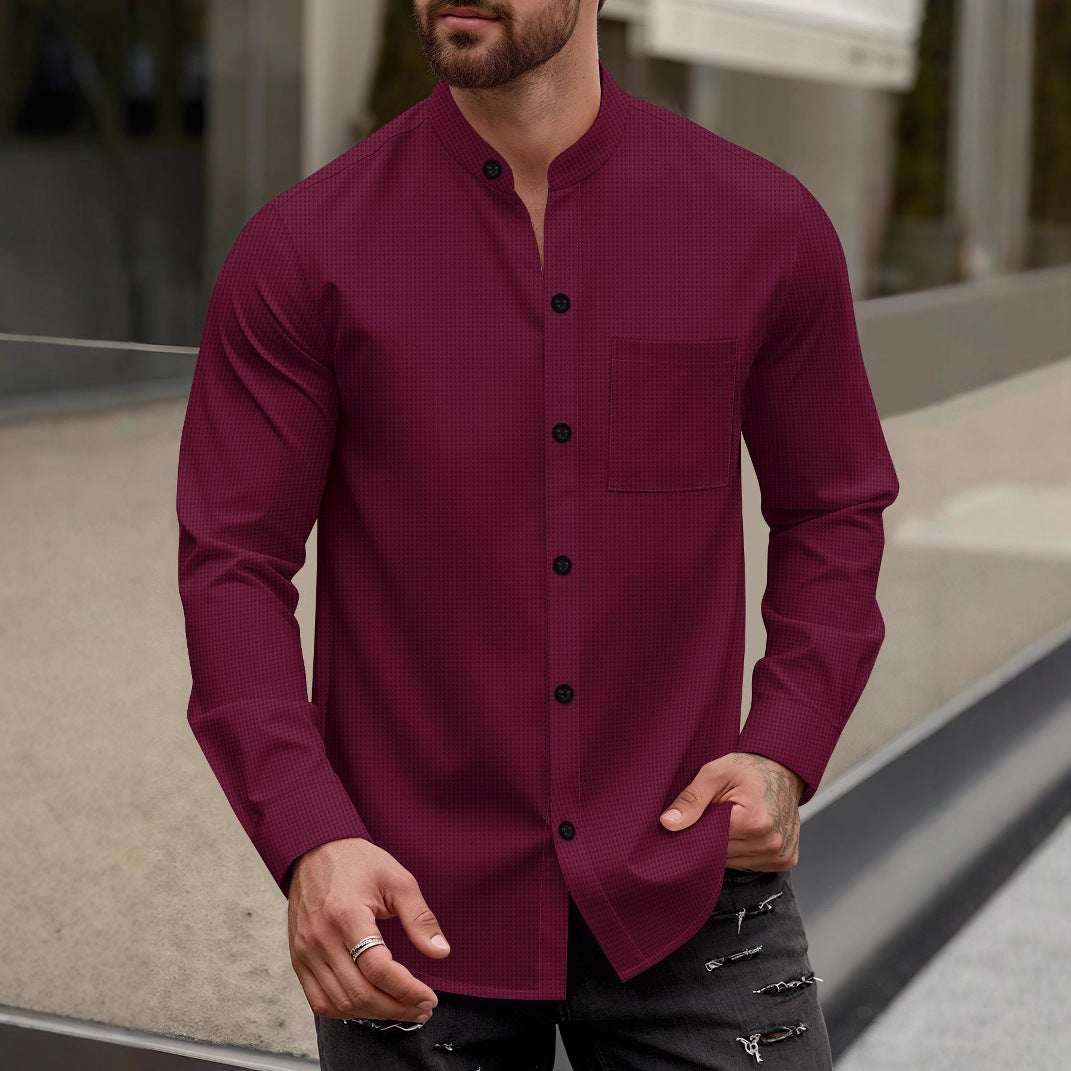 Mens Cardigan Stand - Neck Long - Sleeve Shirt - Elevra