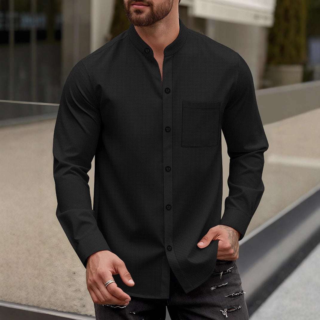 Mens Cardigan Stand - Neck Long - Sleeve Shirt - Elevra