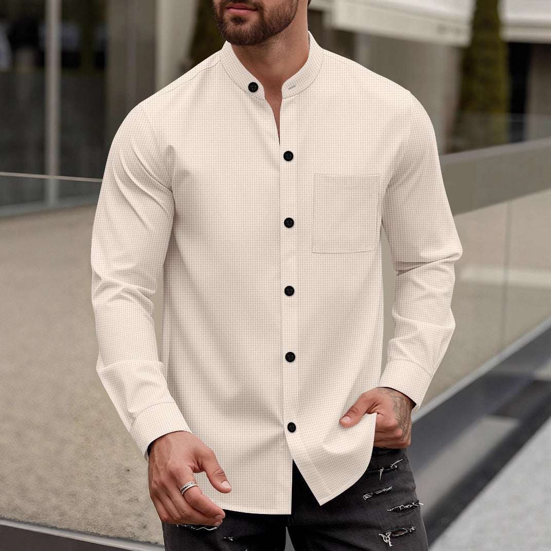Mens Cardigan Stand - Neck Long - Sleeve Shirt - Elevra