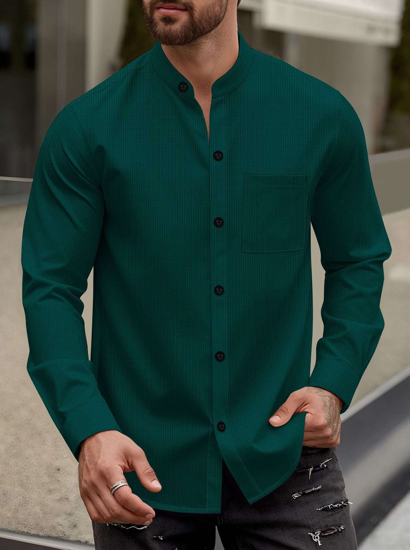 Mens Cardigan Stand - Neck Long - Sleeve Shirt - Elevra