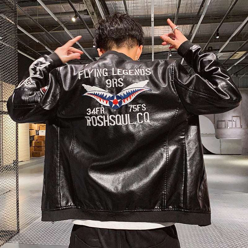 Men's Motorcycle Leather Jacket Embroidered Leather Jacket - Elevra