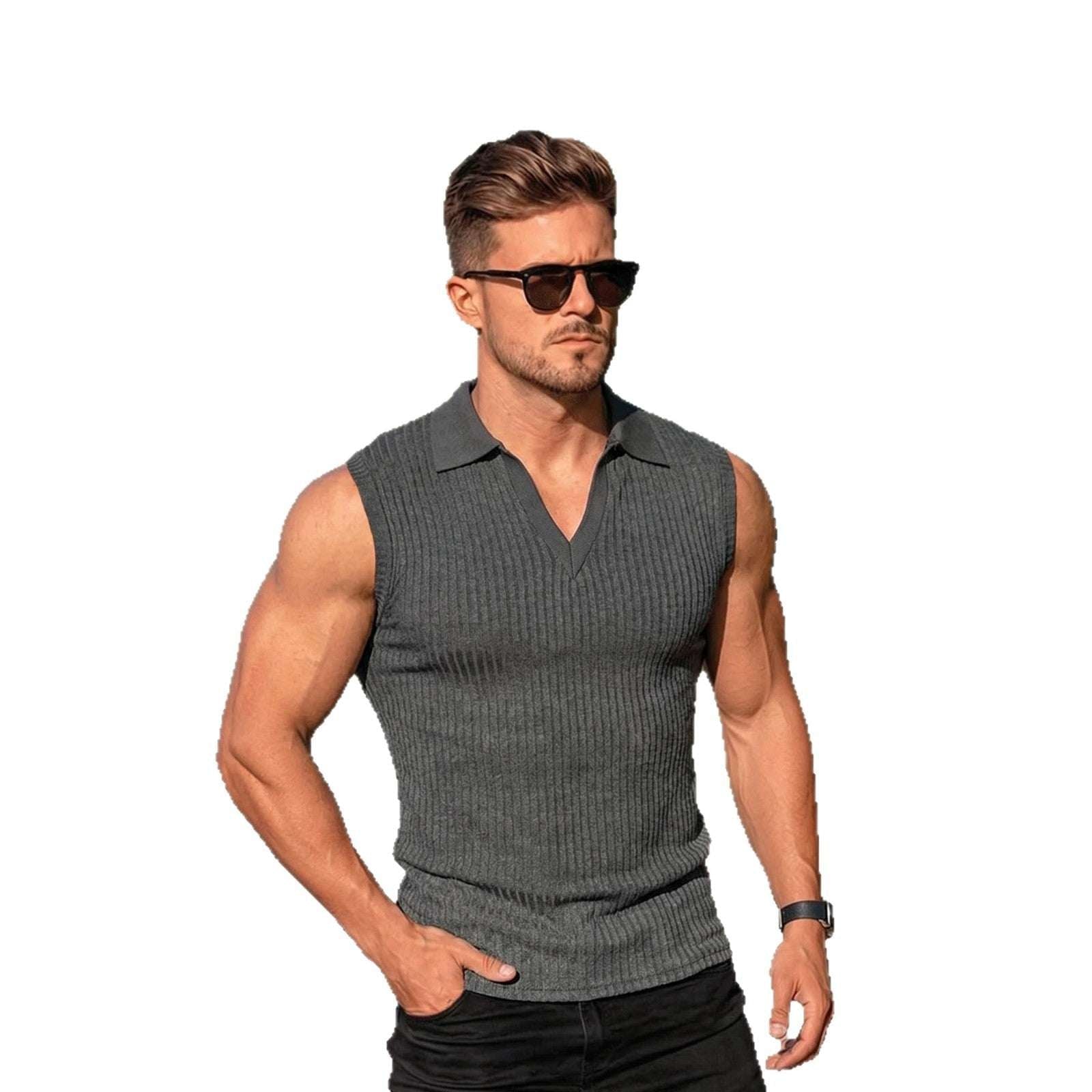 Mens Polo - collar Vertical - striped Sleeveless Vest - Elevra