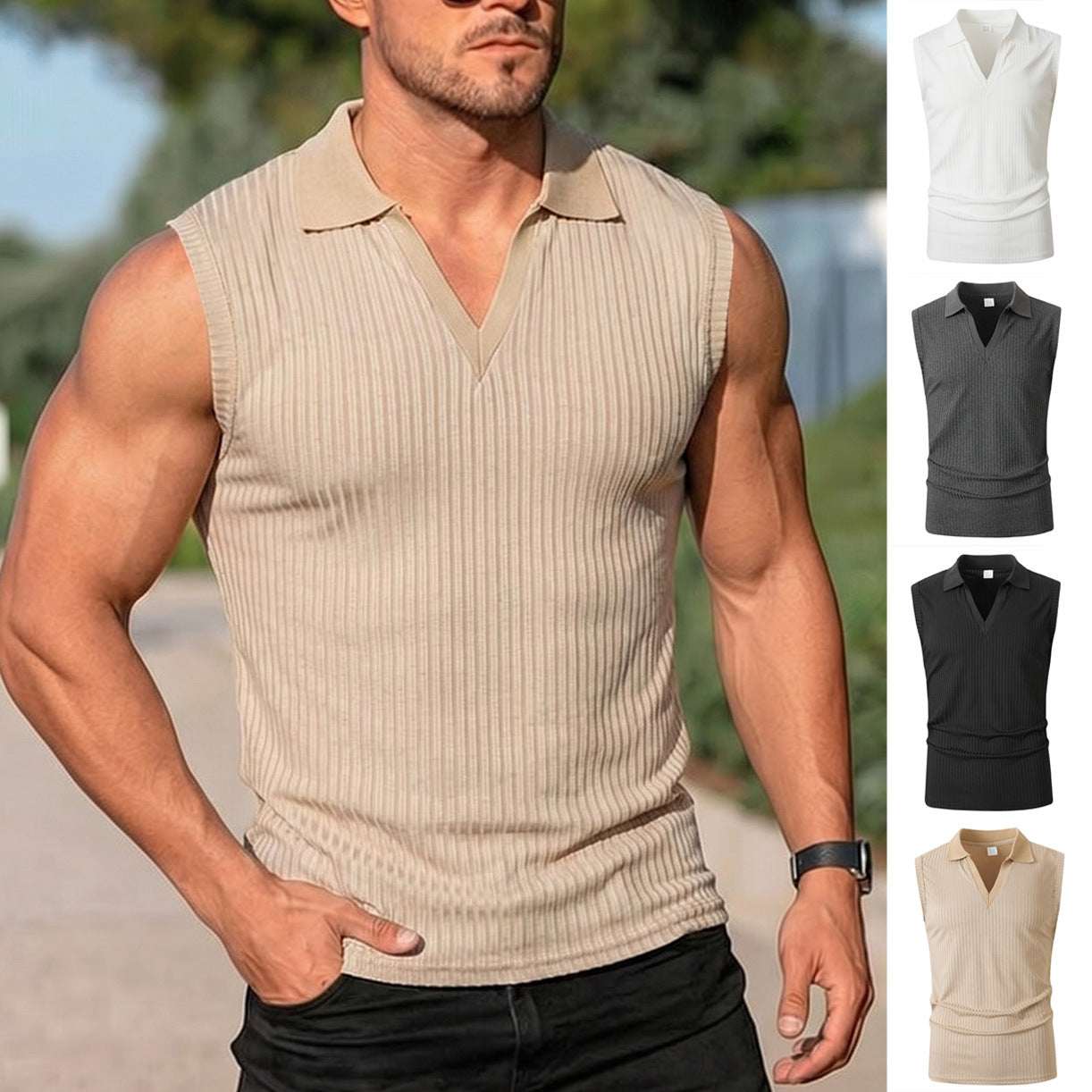 Mens Polo - collar Vertical - striped Sleeveless Vest - Elevra