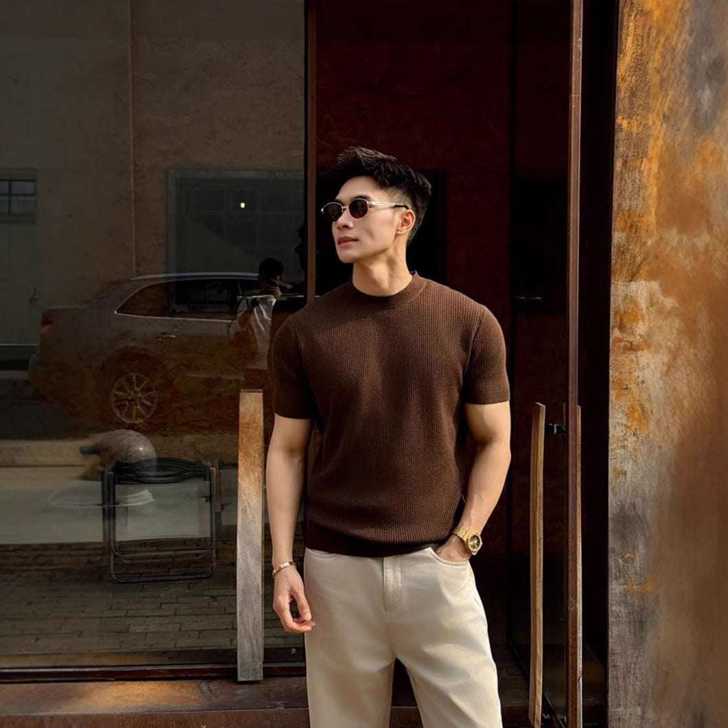 Mens Round - Neck Knitted Short - Sleeve T-Shirt - Elevra