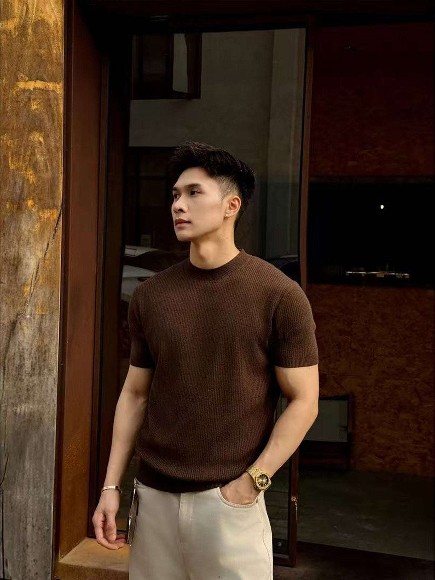 Mens Round - Neck Knitted Short - Sleeve T-Shirt - Elevra