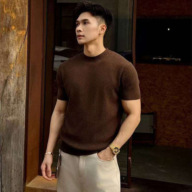 Mens Round - Neck Knitted Short - Sleeve T-Shirt - Elevra