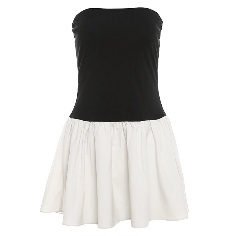 Off - neck Color Contrast Patchwork Pleated Slim Fit Dress - Elevra
