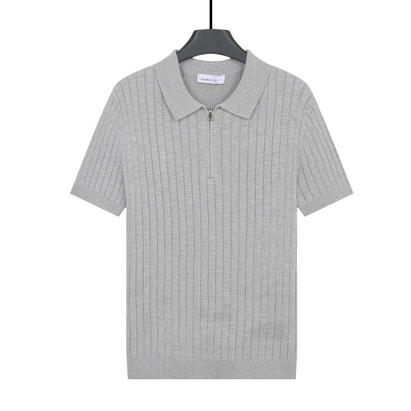 Old - money - style Lapel Zip - up Short - sleeve T-shirt Knit Sweater - Elevra