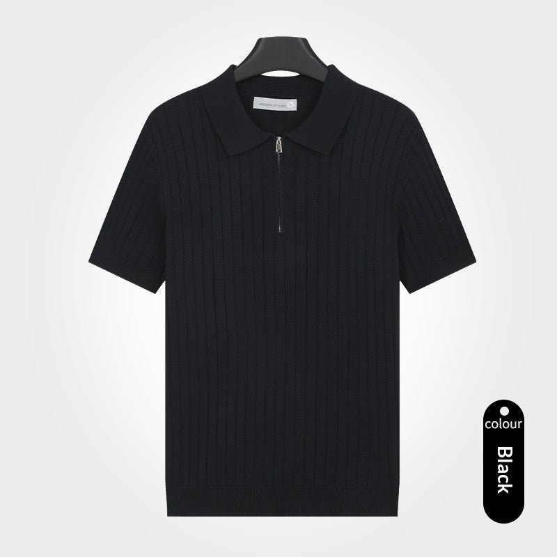 Old - money - style Lapel Zip - up Short - sleeve T-shirt Knit Sweater - Elevra