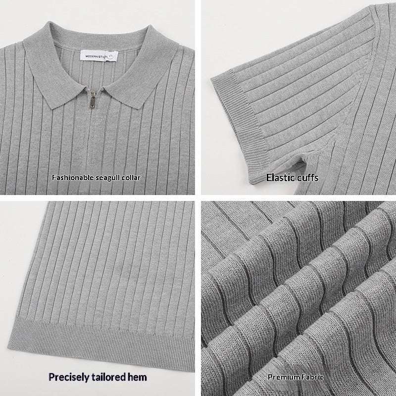 Old - money - style Lapel Zip - up Short - sleeve T-shirt Knit Sweater - Elevra