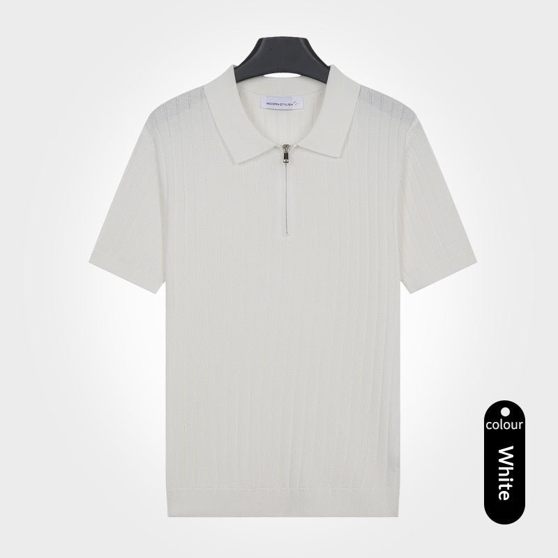 Old - money - style Lapel Zip - up Short - sleeve T-shirt Knit Sweater - Elevra