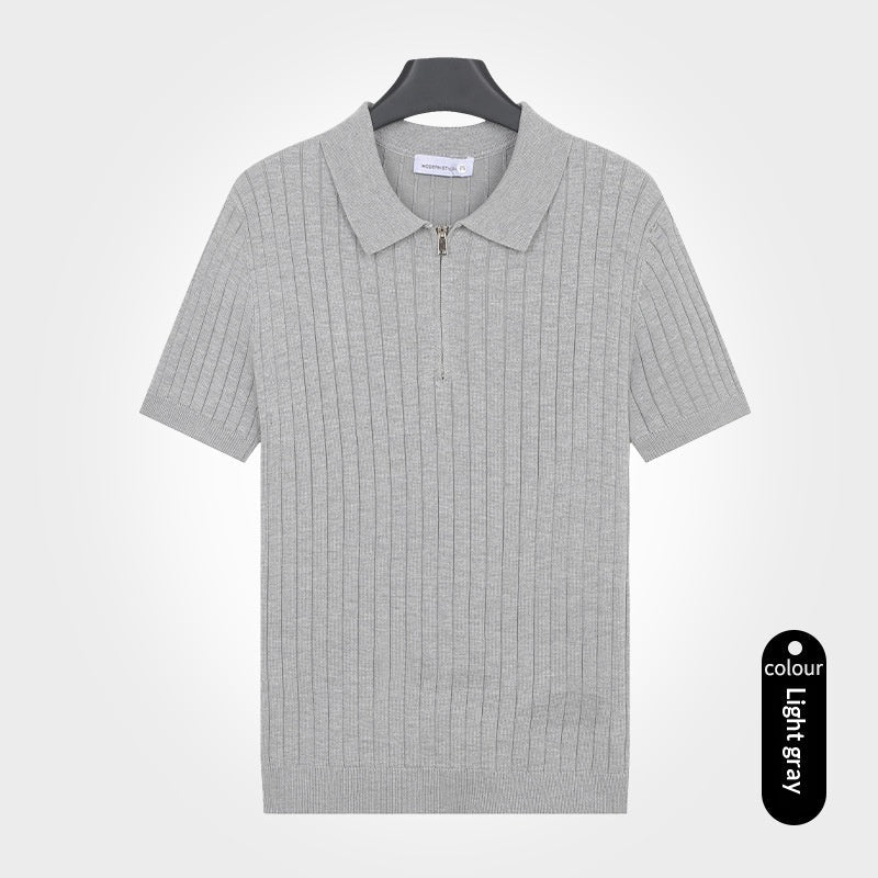Old - money - style Lapel Zip - up Short - sleeve T-shirt Knit Sweater - Elevra