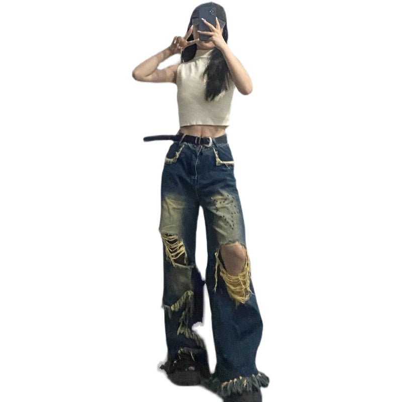 Oversized American Vintage Tassel Distressed Jeans - Elevra