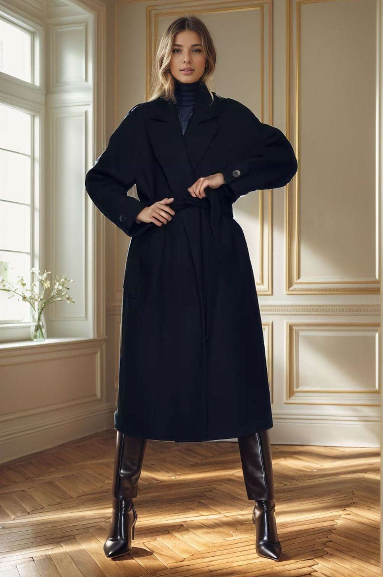 Padded Lapel Super Long Slim Jacket - Elevra