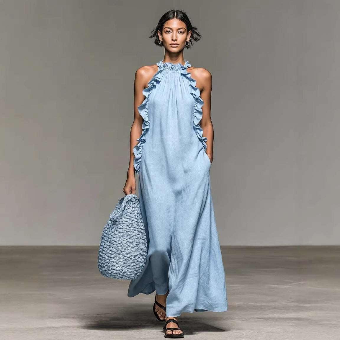 Resort Style Ruffled Halter Neck Sleeveless Maxi Dress - Loose Fit Flattering Flowy Skirt For Party Evening Gown - Elevra