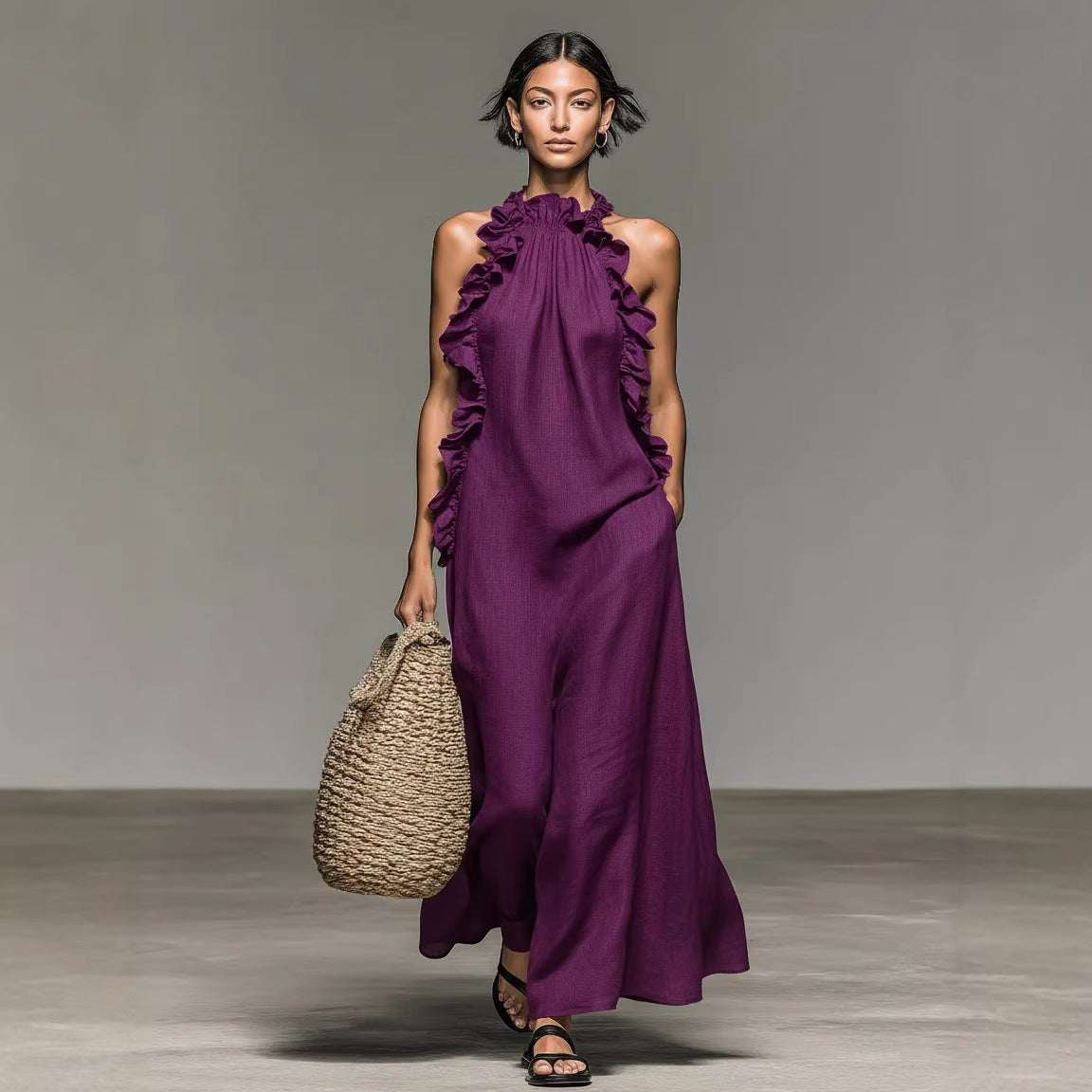 Resort Style Ruffled Halter Neck Sleeveless Maxi Dress - Loose Fit Flattering Flowy Skirt For Party Evening Gown - Elevra