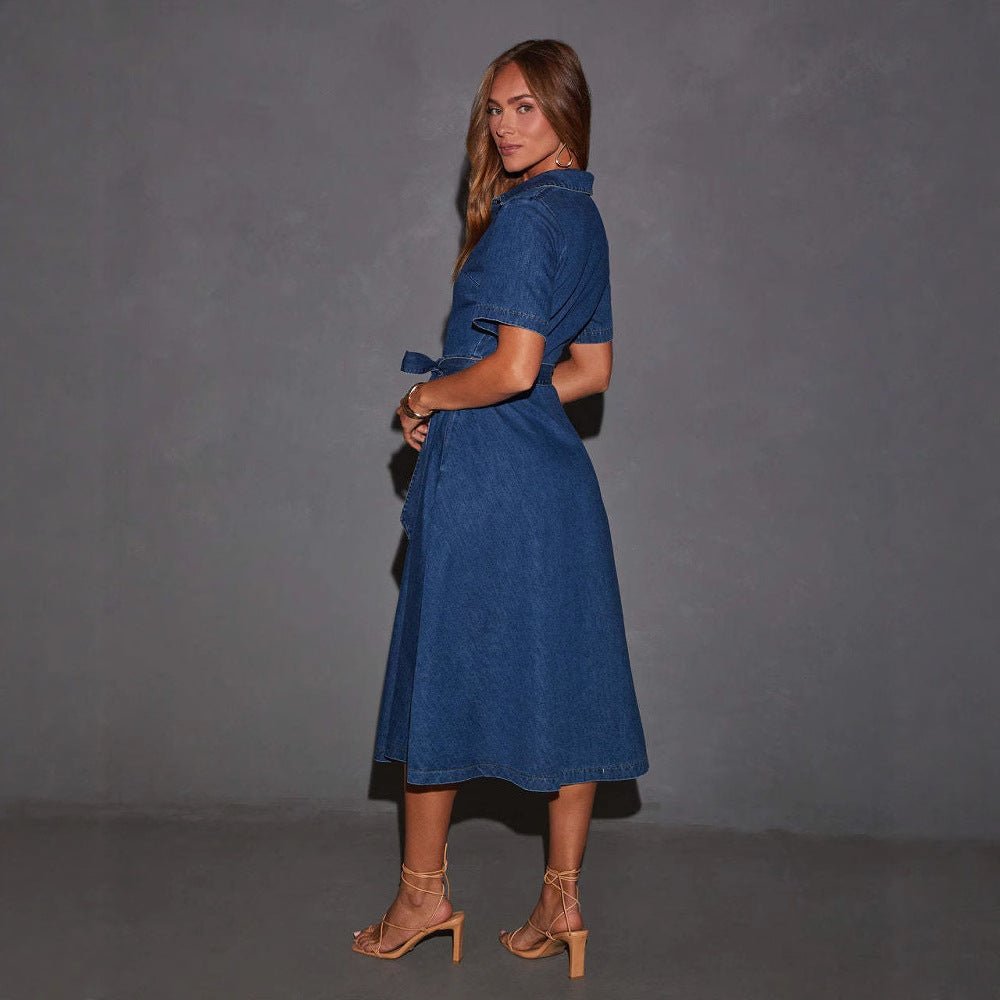 Retro V - neck Lace - up Denim Dress - Elevra