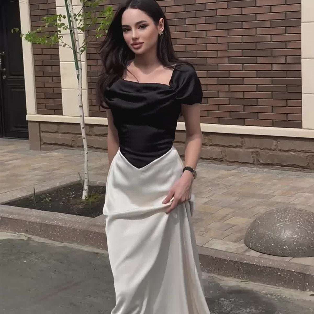 Satin Slim Fit Black And White Stitching Contrast Color Puff Sleeve Lace - up Dress - Elevra
