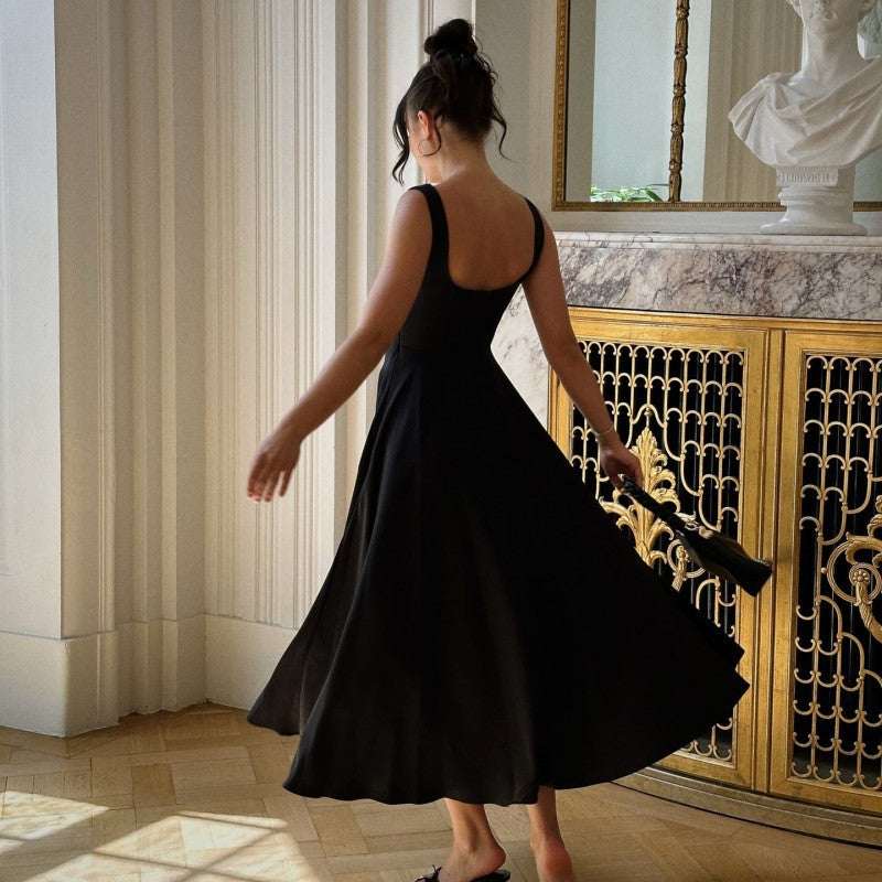 Square - neck Sleeveless Waist Trimming Sling Dress - Elevra