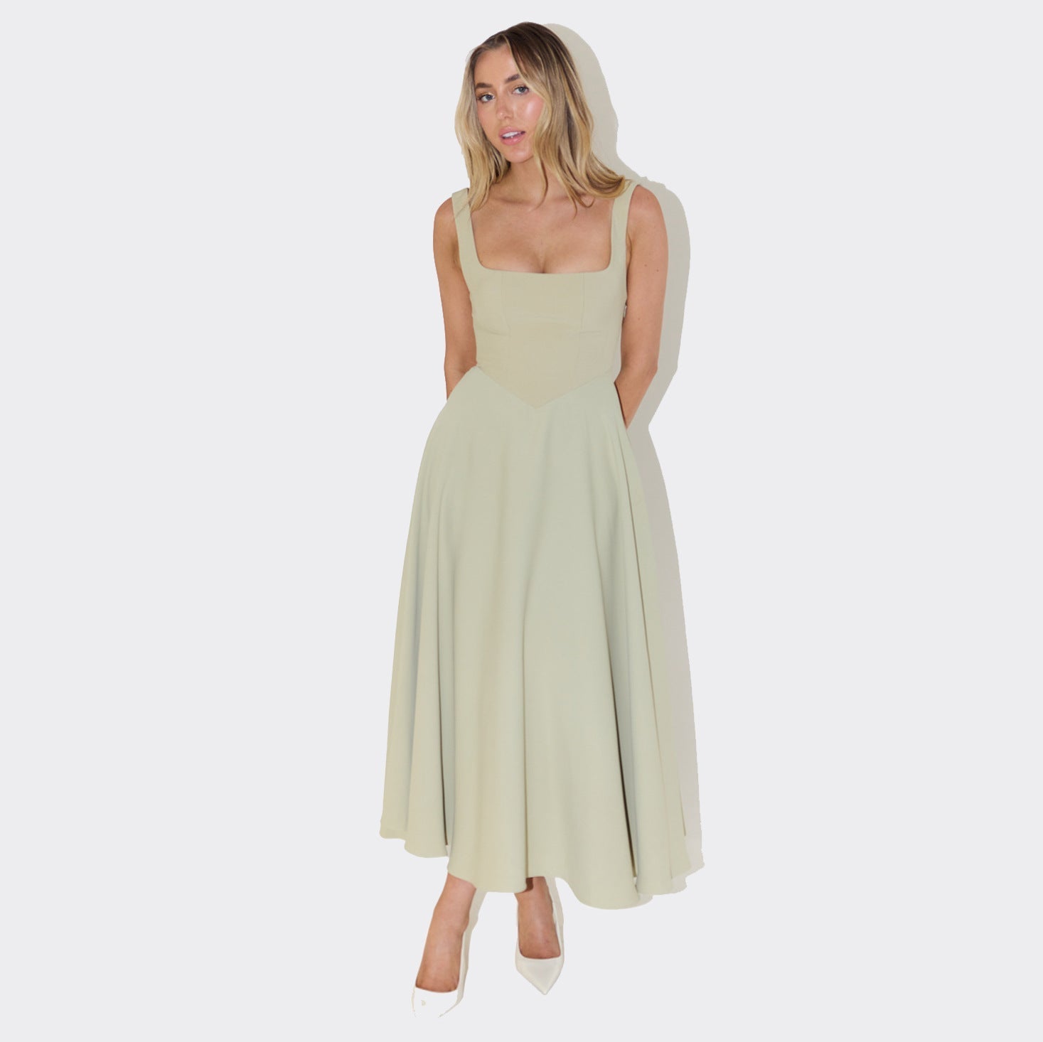 Square - neck Sleeveless Waist Trimming Sling Dress - Elevra
